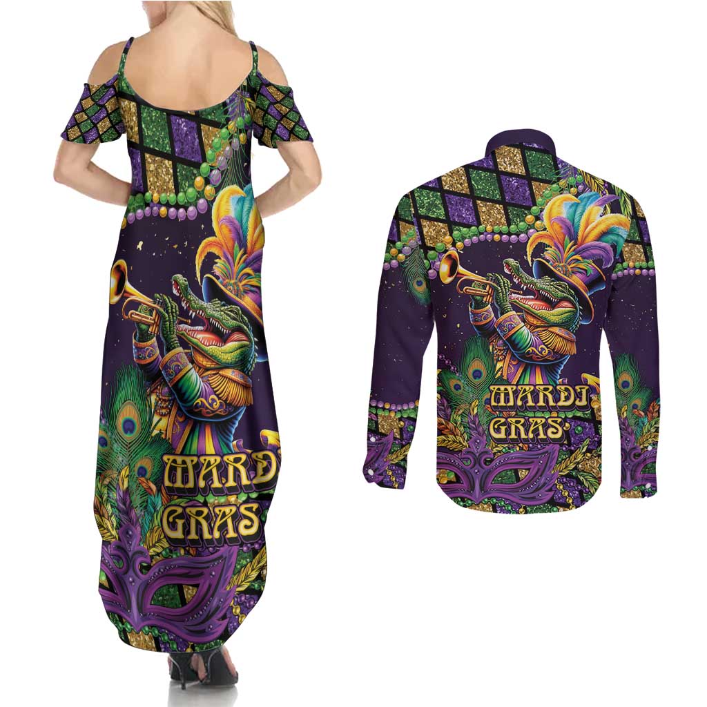 Mardi Gras Alligator Couples Matching Summer Maxi Dress and Long Sleeve Button Shirt Let the Gator Jazz Roll - Wonder Print Shop