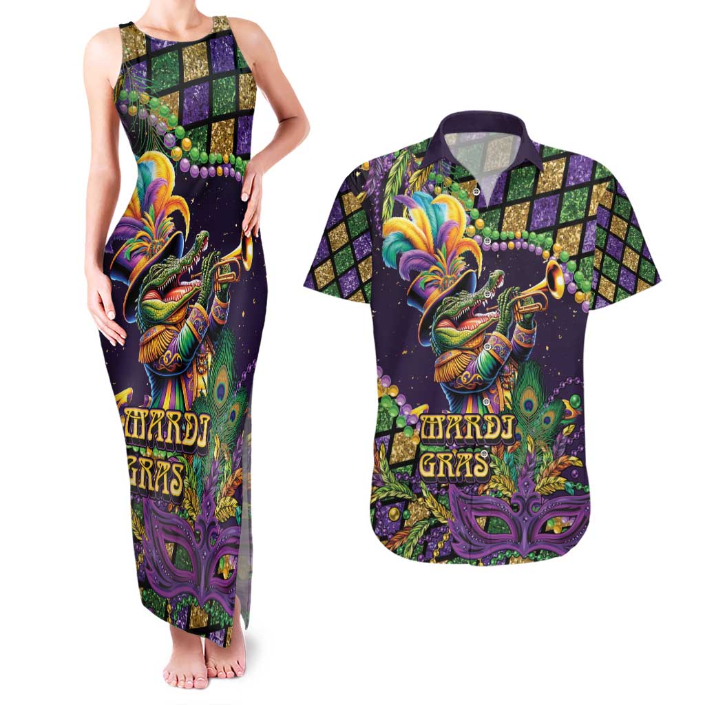 Mardi Gras Alligator Couples Matching Tank Maxi Dress and Hawaiian Shirt Let the Gator Jazz Roll - Wonder Print Shop