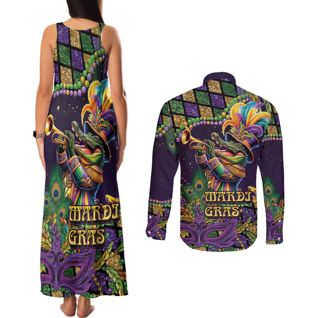 Mardi Gras Alligator Couples Matching Tank Maxi Dress and Long Sleeve Button Shirt Let the Gator Jazz Roll - Wonder Print Shop