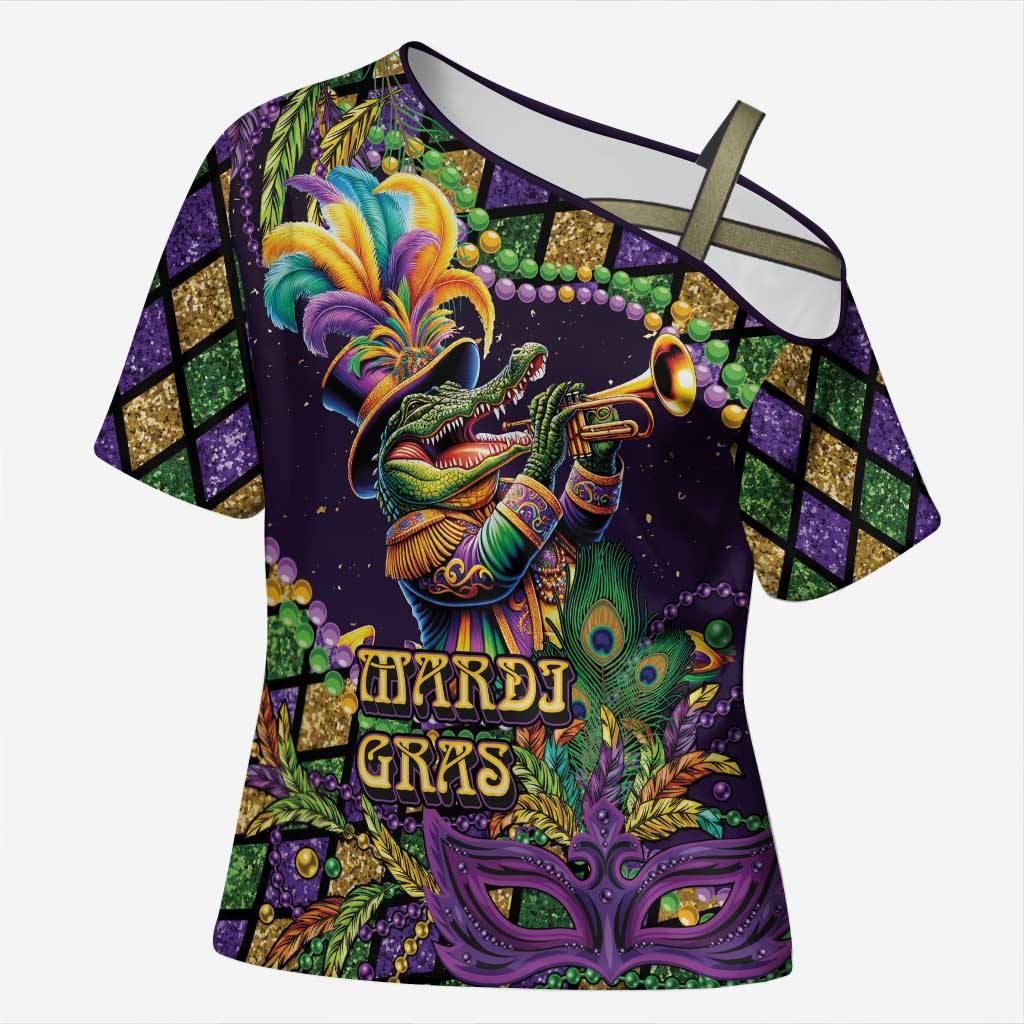 Mardi Gras Alligator Cross Shoulder Shirt Let the Gator Jazz Roll - Wonder Print Shop
