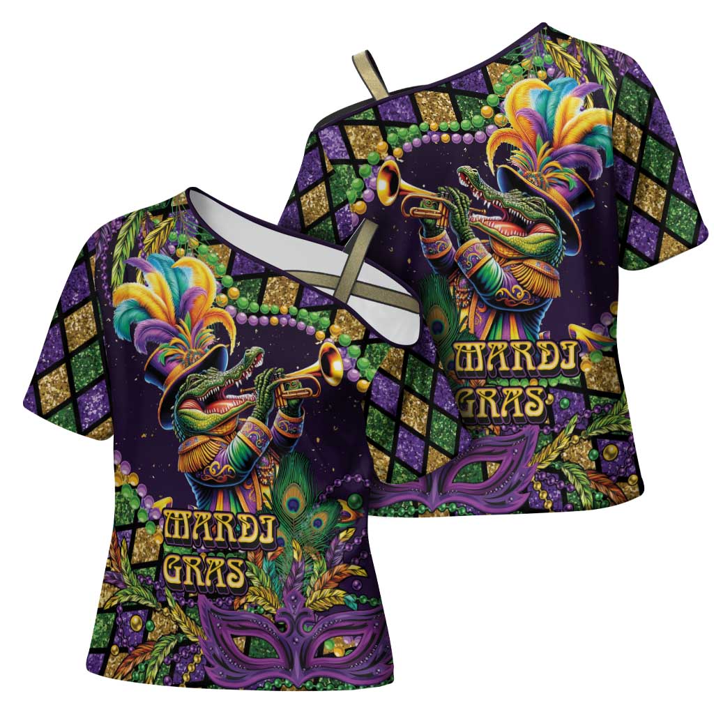 Mardi Gras Alligator Cross Shoulder Shirt Let the Gator Jazz Roll - Wonder Print Shop