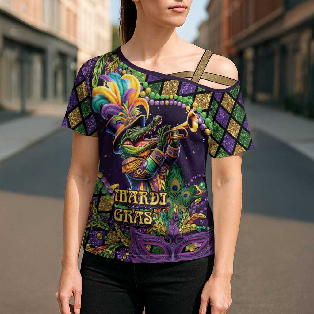 Mardi Gras Alligator Cross Shoulder Shirt Let the Gator Jazz Roll - Wonder Print Shop