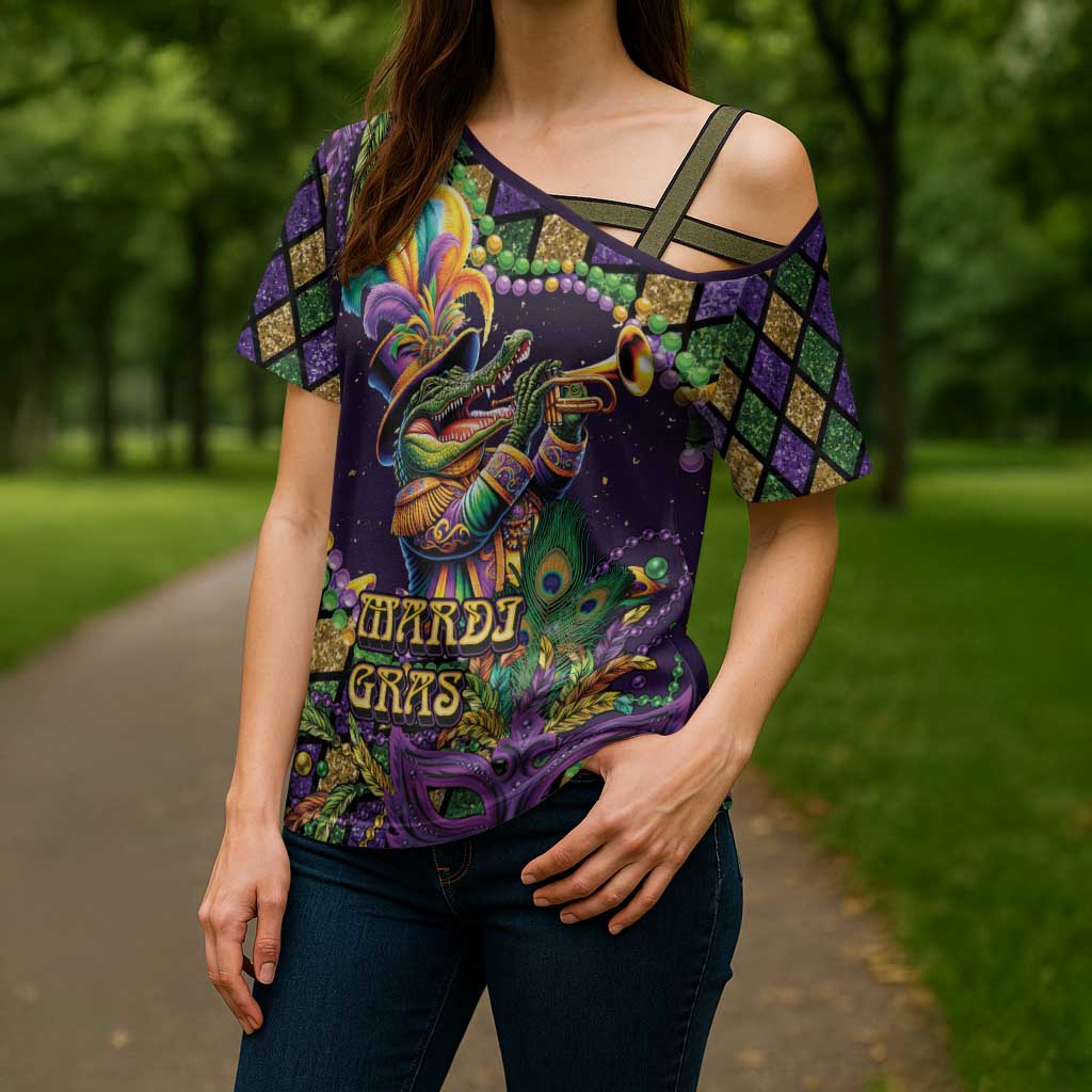 Mardi Gras Alligator Cross Shoulder Shirt Let the Gator Jazz Roll - Wonder Print Shop