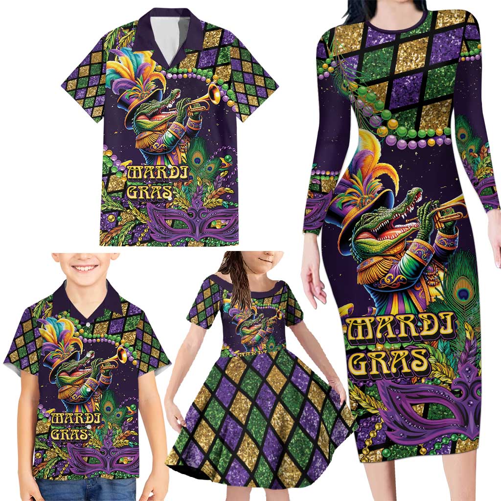 Mardi Gras Alligator Family Matching Long Sleeve Bodycon Dress and Hawaiian Shirt Let the Gator Jazz Roll - Wonder Print Shop