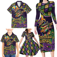 Mardi Gras Alligator Family Matching Long Sleeve Bodycon Dress and Hawaiian Shirt Let the Gator Jazz Roll - Wonder Print Shop