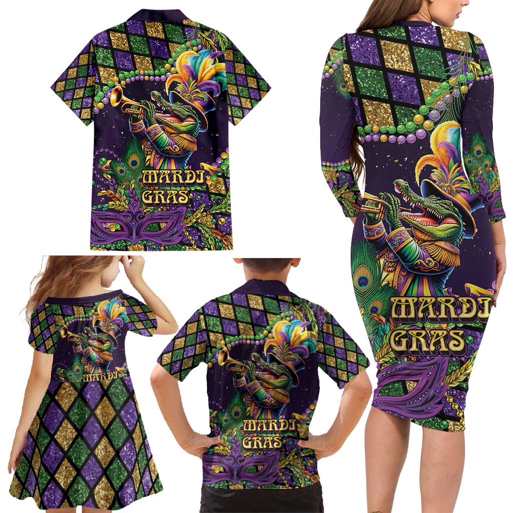 Mardi Gras Alligator Family Matching Long Sleeve Bodycon Dress and Hawaiian Shirt Let the Gator Jazz Roll - Wonder Print Shop