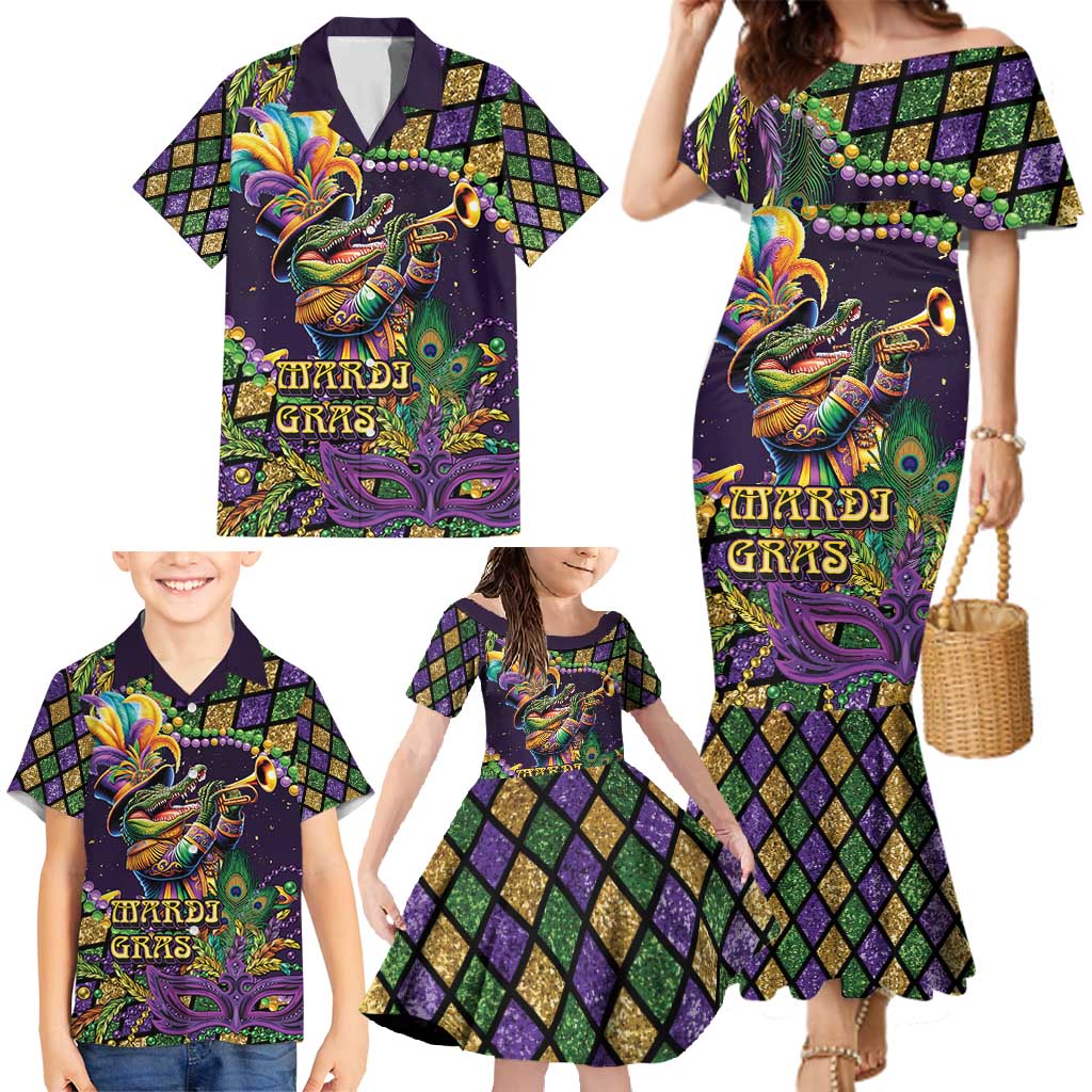 Mardi Gras Alligator Family Matching Mermaid Dress and Hawaiian Shirt Let the Gator Jazz Roll - Wonder Print Shop