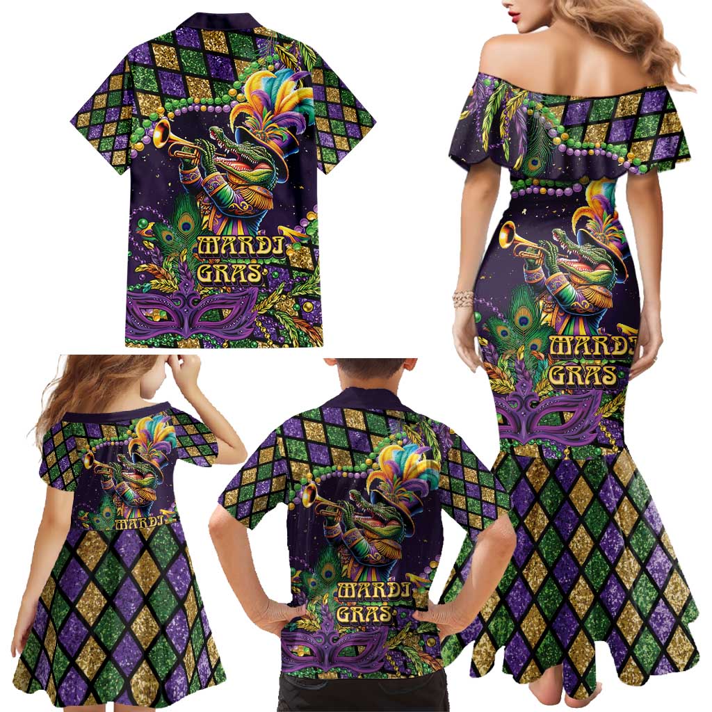 Mardi Gras Alligator Family Matching Mermaid Dress and Hawaiian Shirt Let the Gator Jazz Roll - Wonder Print Shop