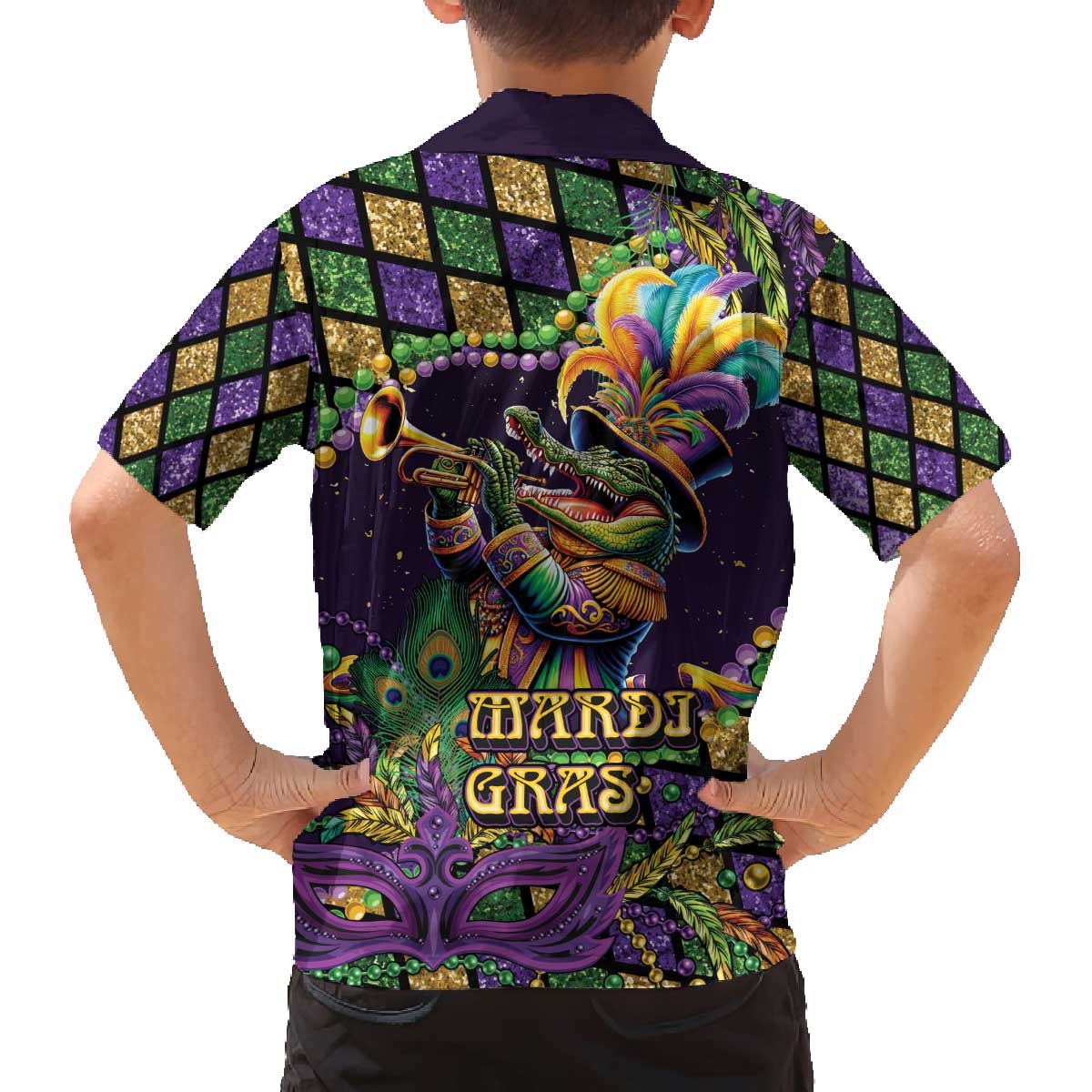 Mardi Gras Alligator Family Matching Off The Shoulder Long Sleeve Dress and Hawaiian Shirt Let the Gator Jazz Roll - Wonder Print Shop