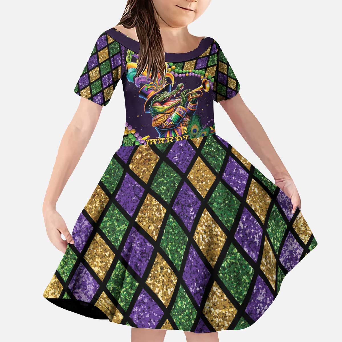 Mardi Gras Alligator Family Matching Off The Shoulder Long Sleeve Dress and Hawaiian Shirt Let the Gator Jazz Roll - Wonder Print Shop