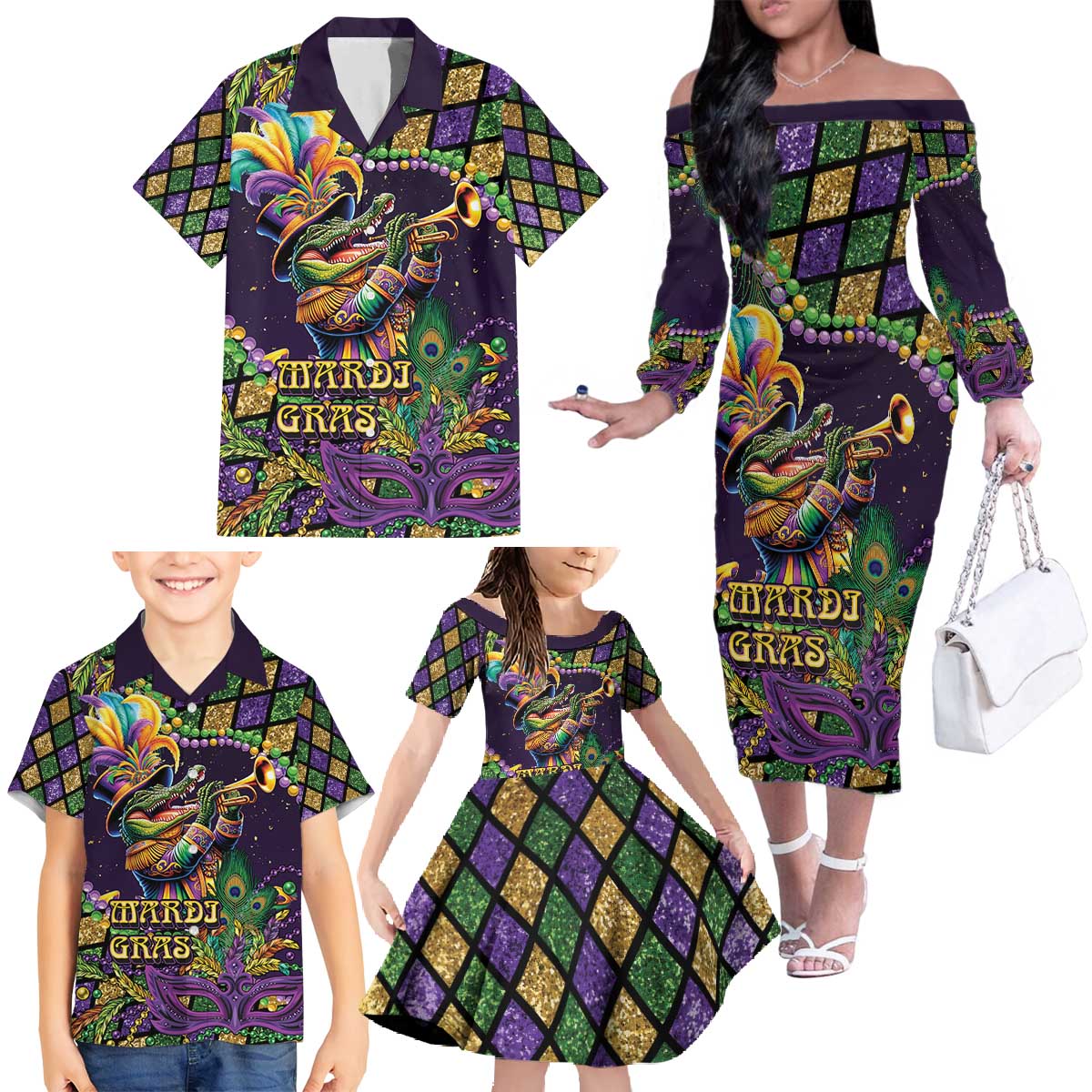 Mardi Gras Alligator Family Matching Off The Shoulder Long Sleeve Dress and Hawaiian Shirt Let the Gator Jazz Roll - Wonder Print Shop