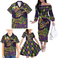 Mardi Gras Alligator Family Matching Off The Shoulder Long Sleeve Dress and Hawaiian Shirt Let the Gator Jazz Roll - Wonder Print Shop