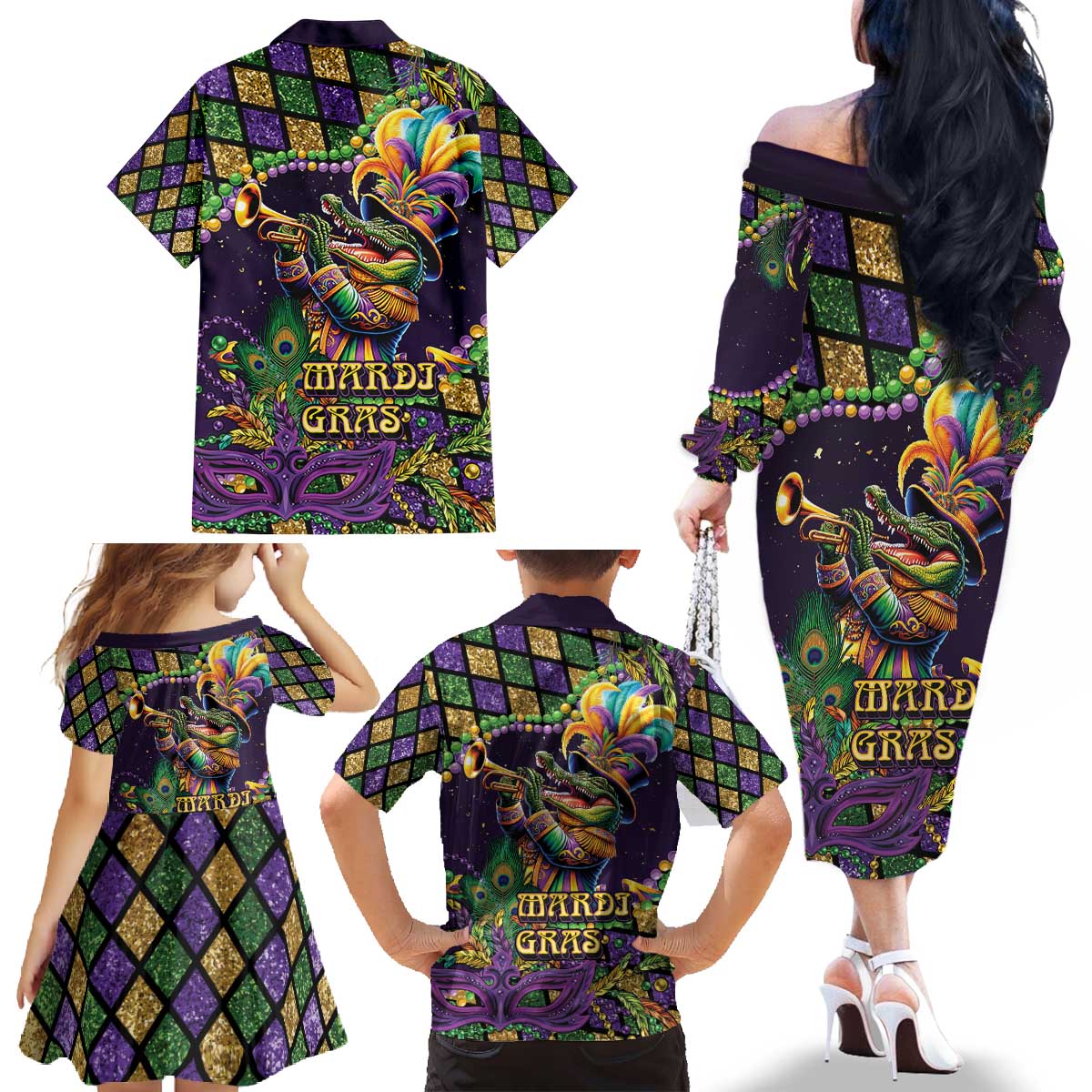 Mardi Gras Alligator Family Matching Off The Shoulder Long Sleeve Dress and Hawaiian Shirt Let the Gator Jazz Roll - Wonder Print Shop