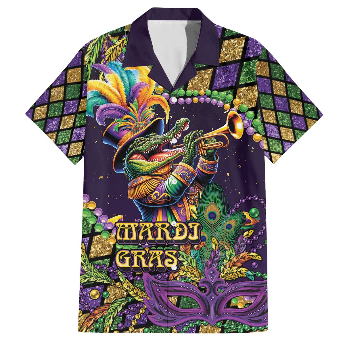 Mardi Gras Alligator Family Matching Off The Shoulder Long Sleeve Dress and Hawaiian Shirt Let the Gator Jazz Roll - Wonder Print Shop