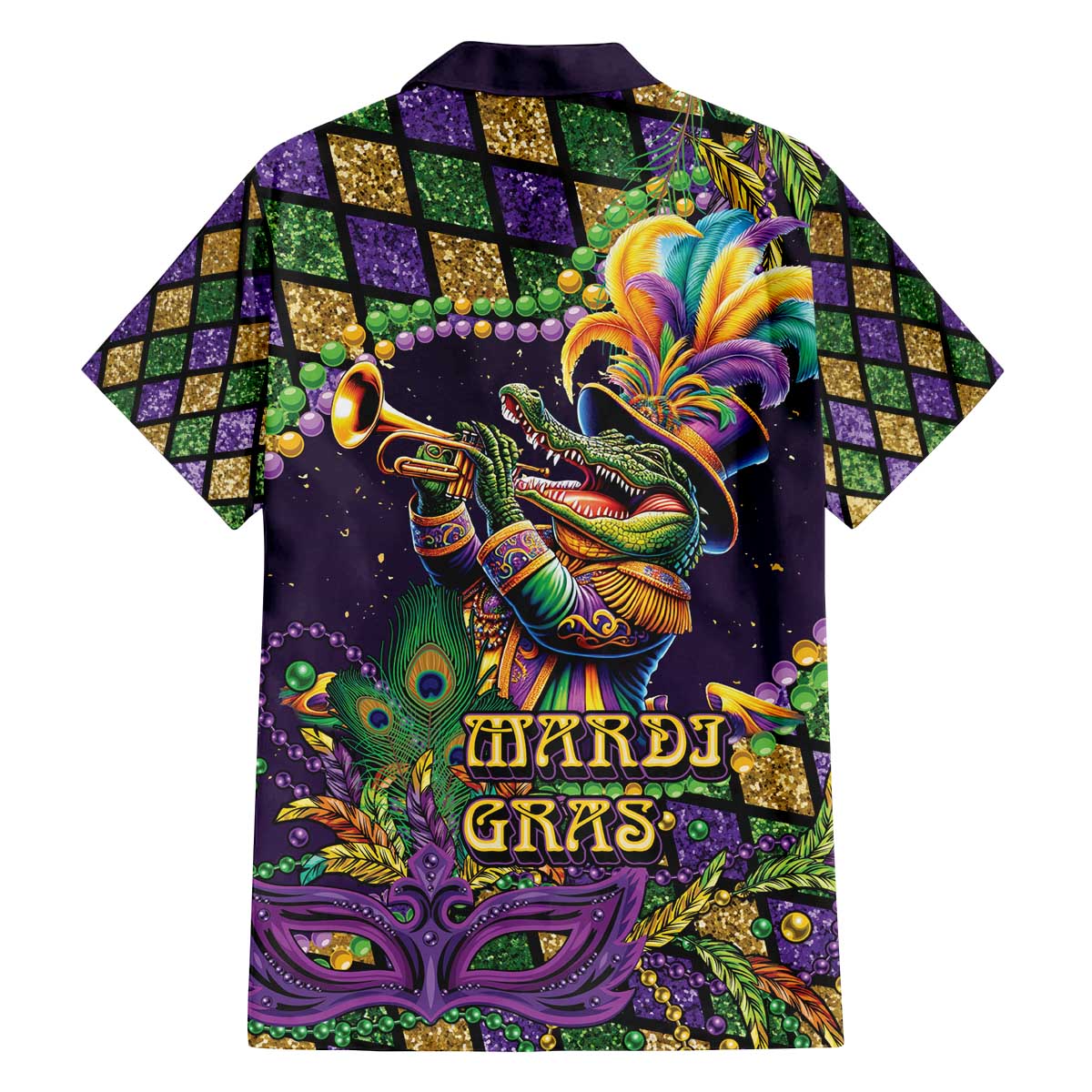 Mardi Gras Alligator Family Matching Off The Shoulder Long Sleeve Dress and Hawaiian Shirt Let the Gator Jazz Roll - Wonder Print Shop
