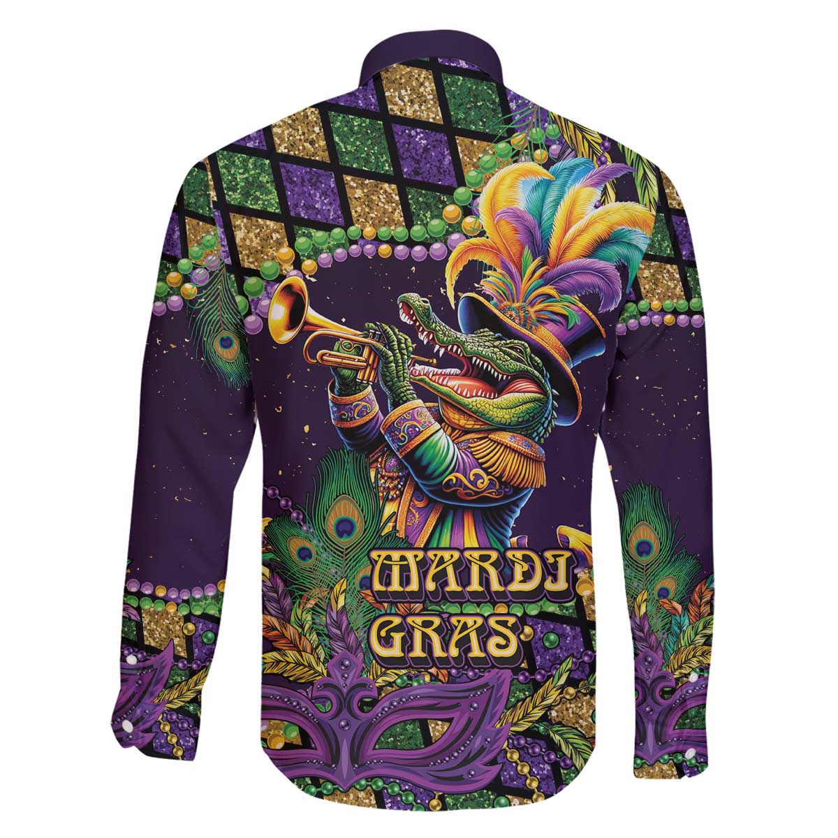 Mardi Gras Alligator Family Matching Off The Shoulder Long Sleeve Dress and Hawaiian Shirt Let the Gator Jazz Roll - Wonder Print Shop