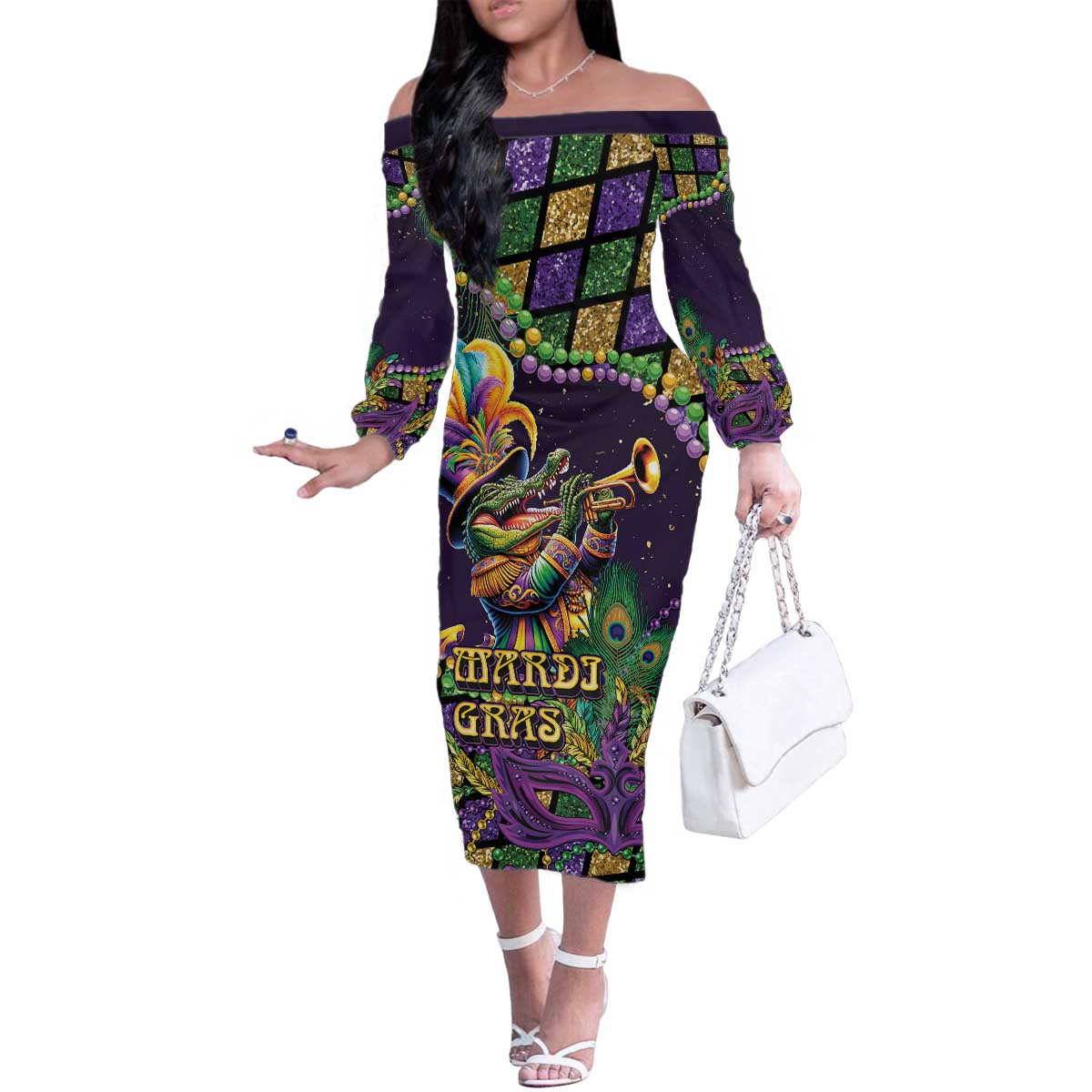 Mardi Gras Alligator Family Matching Off The Shoulder Long Sleeve Dress and Hawaiian Shirt Let the Gator Jazz Roll - Wonder Print Shop