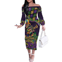 Mardi Gras Alligator Family Matching Off The Shoulder Long Sleeve Dress and Hawaiian Shirt Let the Gator Jazz Roll - Wonder Print Shop