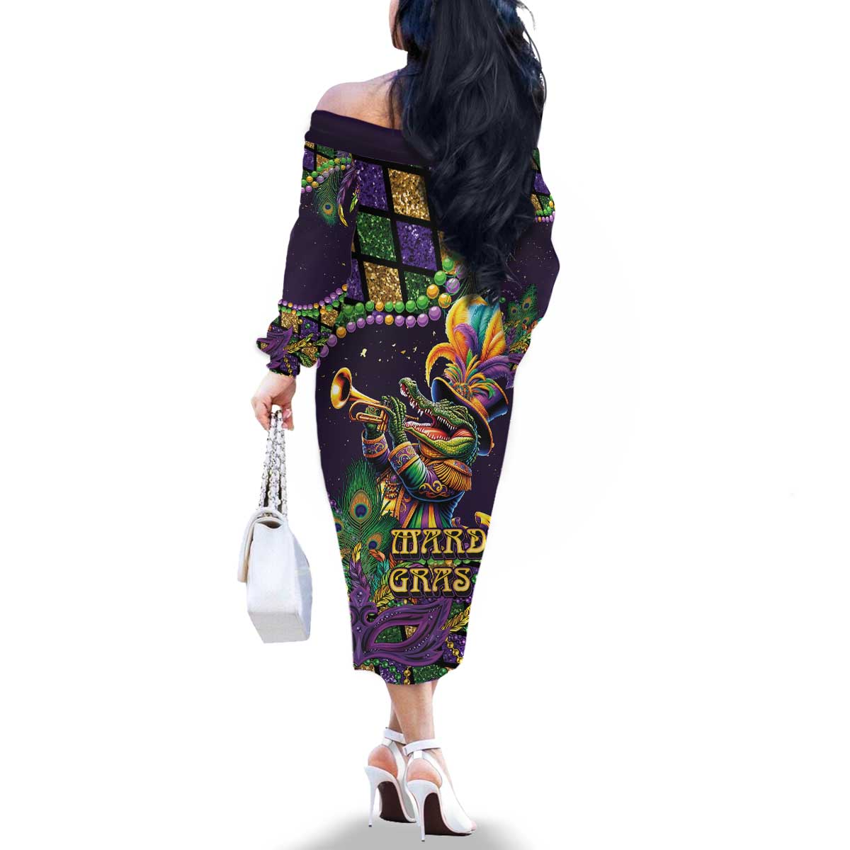 Mardi Gras Alligator Family Matching Off The Shoulder Long Sleeve Dress and Hawaiian Shirt Let the Gator Jazz Roll - Wonder Print Shop
