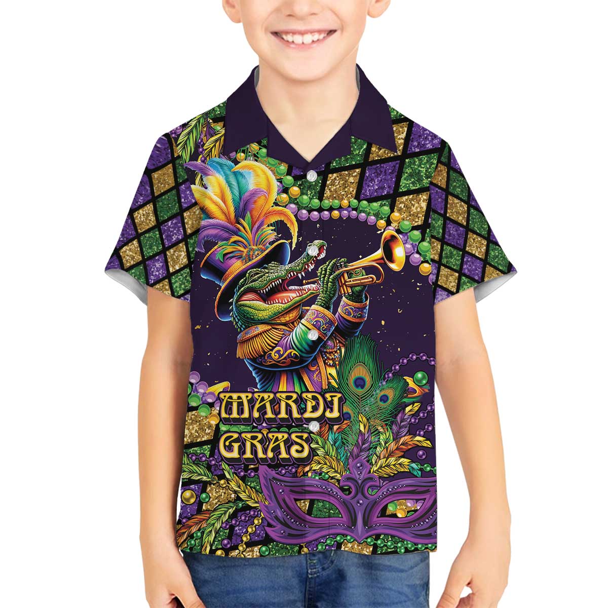 Mardi Gras Alligator Family Matching Off The Shoulder Long Sleeve Dress and Hawaiian Shirt Let the Gator Jazz Roll - Wonder Print Shop