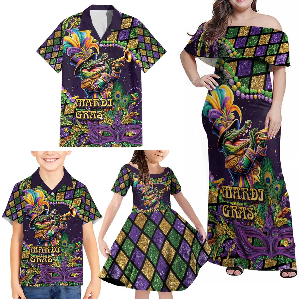 Mardi Gras Alligator Family Matching Off Shoulder Maxi Dress and Hawaiian Shirt Let the Gator Jazz Roll - Wonder Print Shop