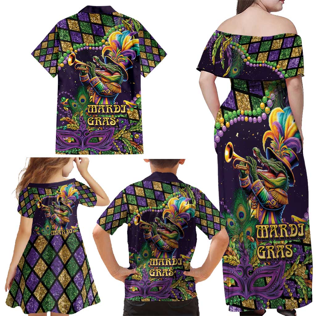 Mardi Gras Alligator Family Matching Off Shoulder Maxi Dress and Hawaiian Shirt Let the Gator Jazz Roll - Wonder Print Shop