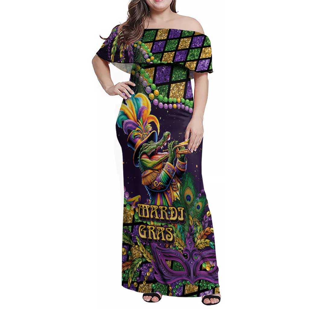 Mardi Gras Alligator Family Matching Off Shoulder Maxi Dress and Hawaiian Shirt Let the Gator Jazz Roll - Wonder Print Shop