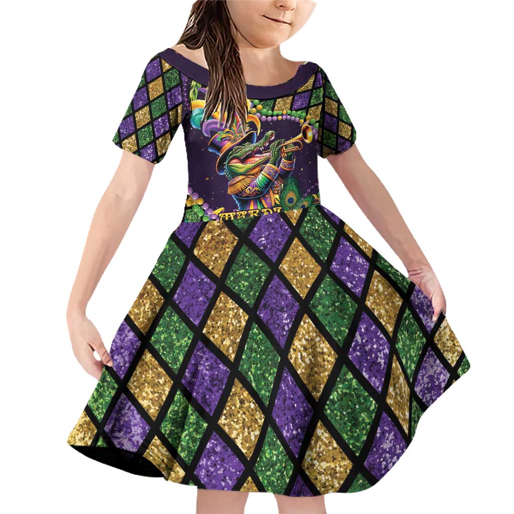 Mardi Gras Alligator Family Matching Off Shoulder Short Dress and Hawaiian Shirt Let the Gator Jazz Roll - Wonder Print Shop