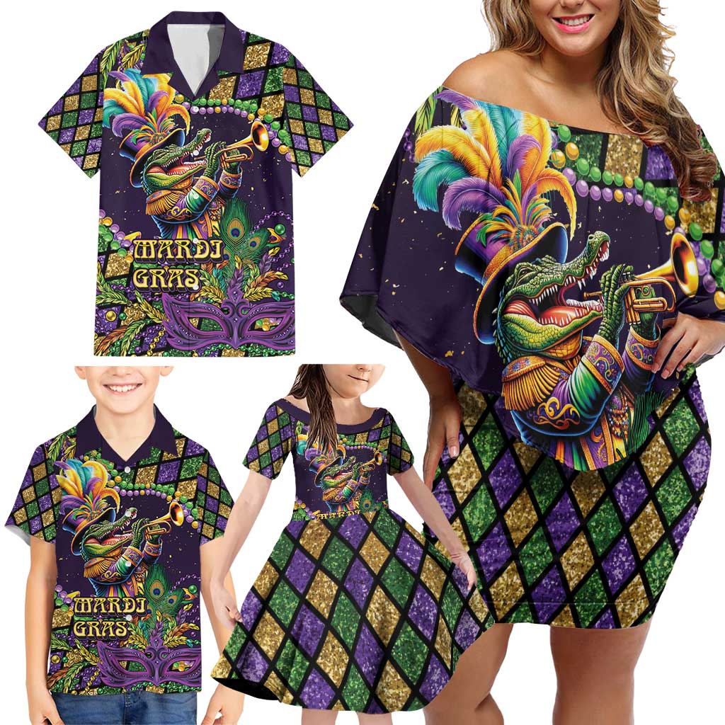 Mardi Gras Alligator Family Matching Off Shoulder Short Dress and Hawaiian Shirt Let the Gator Jazz Roll - Wonder Print Shop