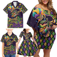 Mardi Gras Alligator Family Matching Off Shoulder Short Dress and Hawaiian Shirt Let the Gator Jazz Roll - Wonder Print Shop