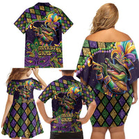 Mardi Gras Alligator Family Matching Off Shoulder Short Dress and Hawaiian Shirt Let the Gator Jazz Roll - Wonder Print Shop