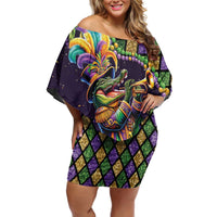 Mardi Gras Alligator Family Matching Off Shoulder Short Dress and Hawaiian Shirt Let the Gator Jazz Roll - Wonder Print Shop