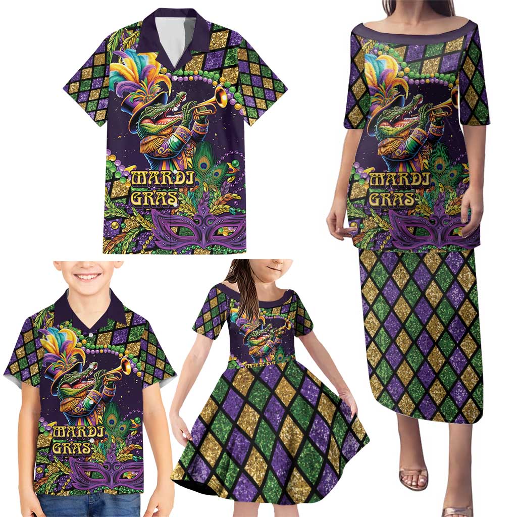 Mardi Gras Alligator Family Matching Puletasi and Hawaiian Shirt Let the Gator Jazz Roll - Wonder Print Shop