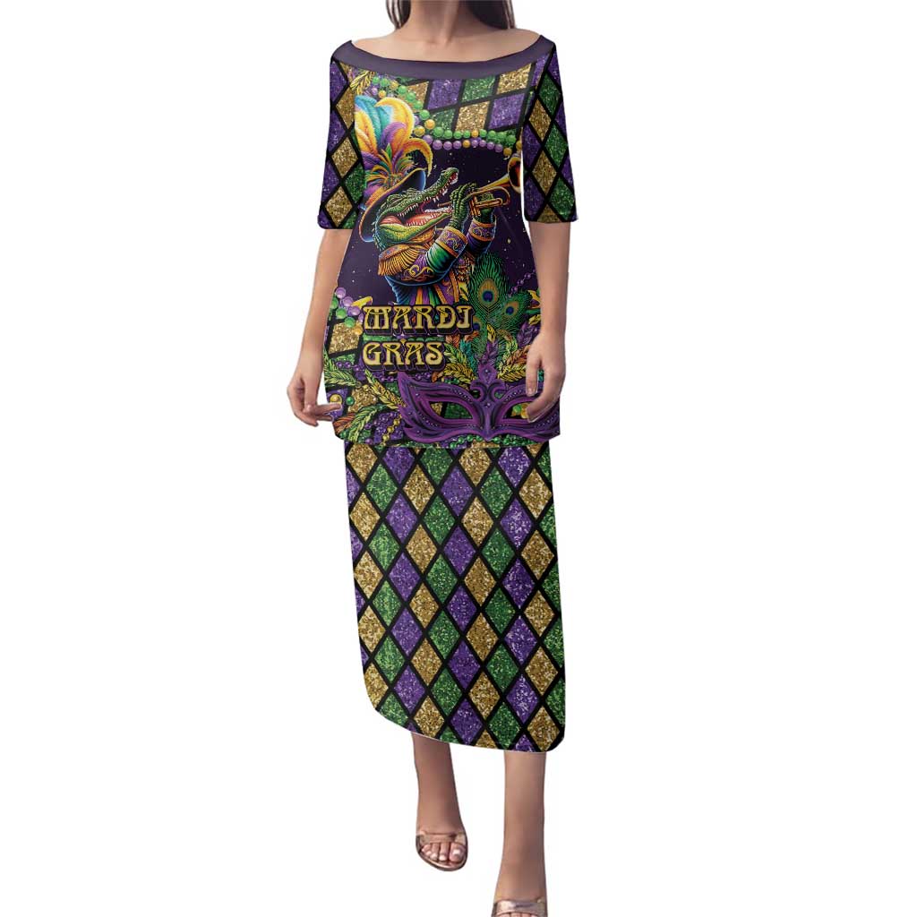 Mardi Gras Alligator Family Matching Puletasi and Hawaiian Shirt Let the Gator Jazz Roll - Wonder Print Shop