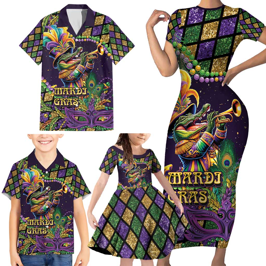 Mardi Gras Alligator Family Matching Short Sleeve Bodycon Dress and Hawaiian Shirt Let the Gator Jazz Roll - Wonder Print Shop