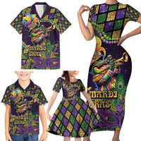 Mardi Gras Alligator Family Matching Short Sleeve Bodycon Dress and Hawaiian Shirt Let the Gator Jazz Roll - Wonder Print Shop
