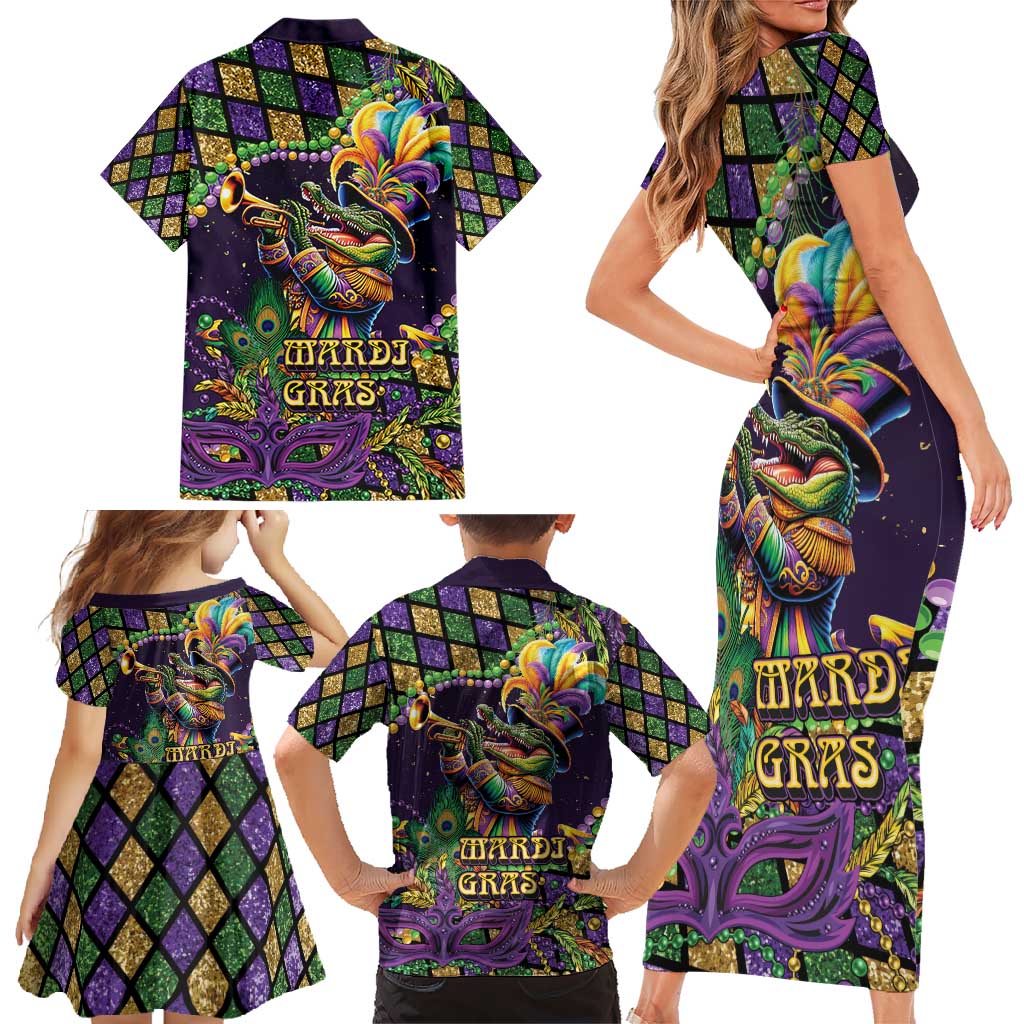 Mardi Gras Alligator Family Matching Short Sleeve Bodycon Dress and Hawaiian Shirt Let the Gator Jazz Roll - Wonder Print Shop