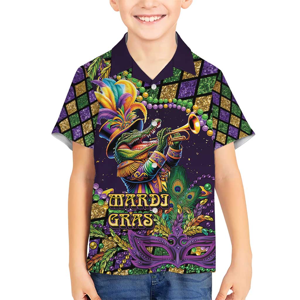 Mardi Gras Alligator Family Matching Short Sleeve Bodycon Dress and Hawaiian Shirt Let the Gator Jazz Roll - Wonder Print Shop