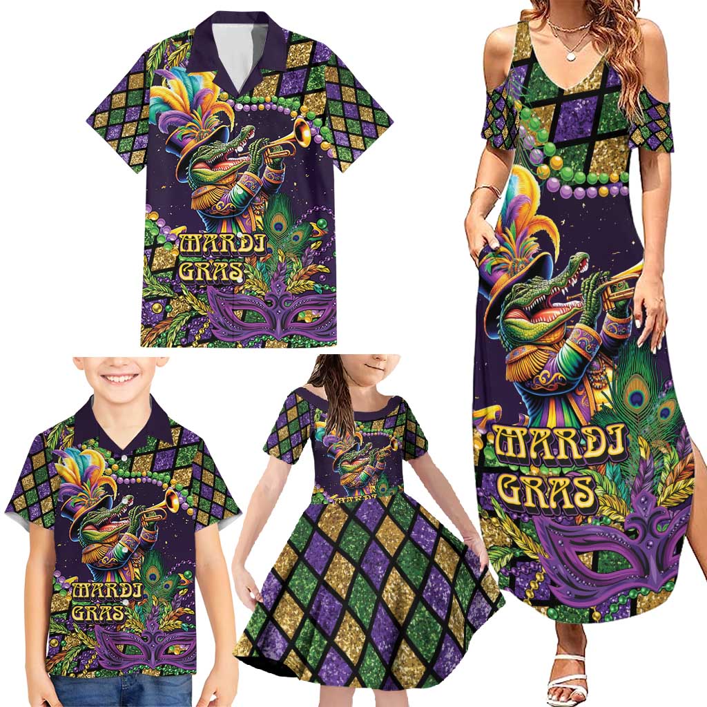 Mardi Gras Alligator Family Matching Summer Maxi Dress and Hawaiian Shirt Let the Gator Jazz Roll - Wonder Print Shop
