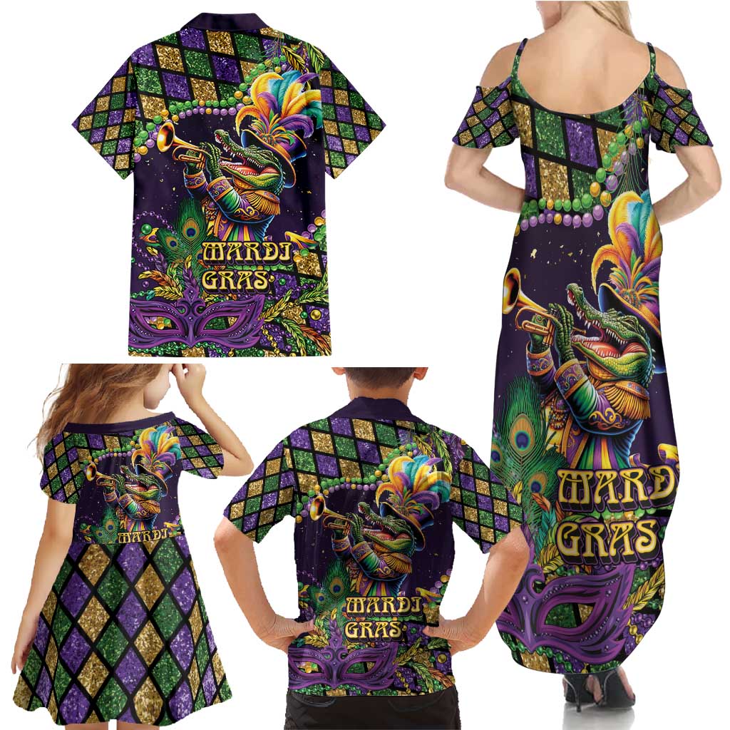 Mardi Gras Alligator Family Matching Summer Maxi Dress and Hawaiian Shirt Let the Gator Jazz Roll - Wonder Print Shop