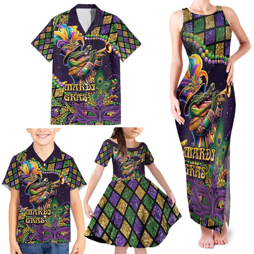 Mardi Gras Alligator Family Matching Tank Maxi Dress and Hawaiian Shirt Let the Gator Jazz Roll - Wonder Print Shop