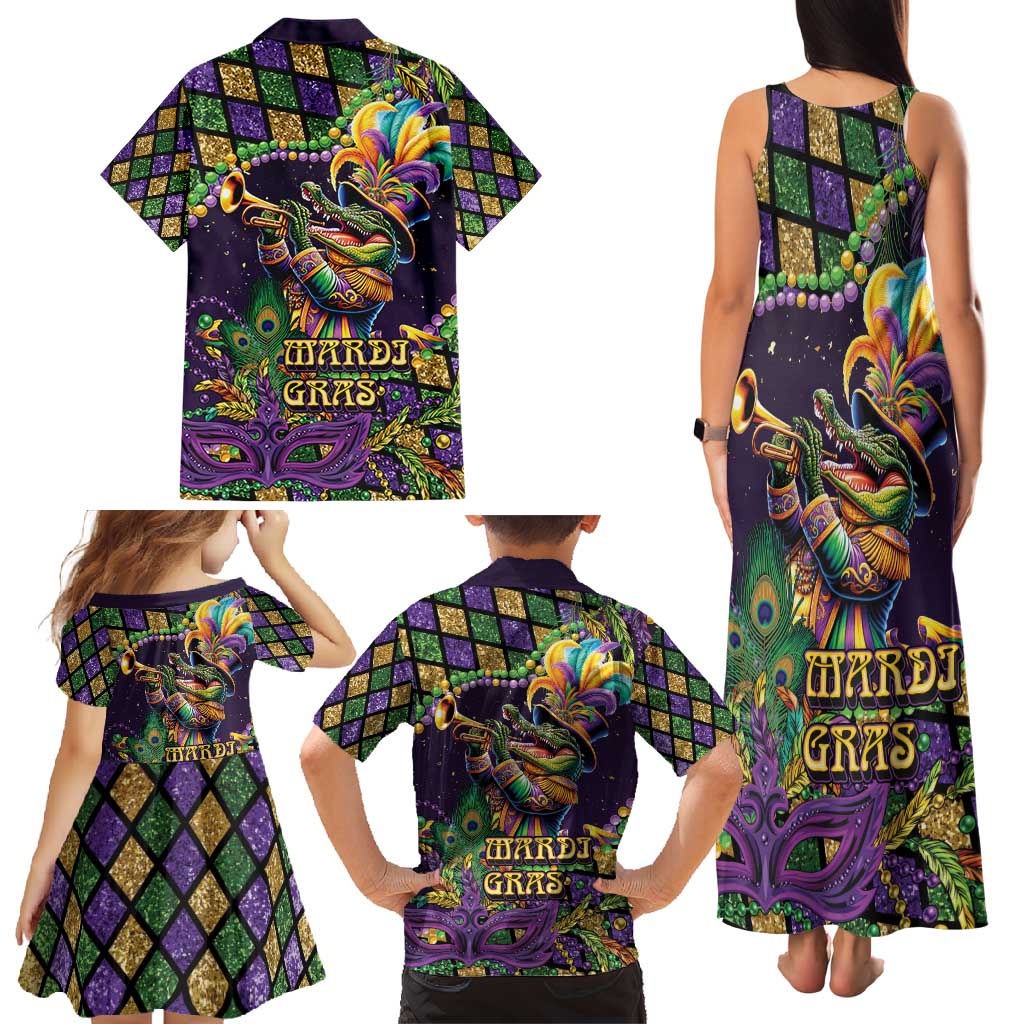 Mardi Gras Alligator Family Matching Tank Maxi Dress and Hawaiian Shirt Let the Gator Jazz Roll - Wonder Print Shop