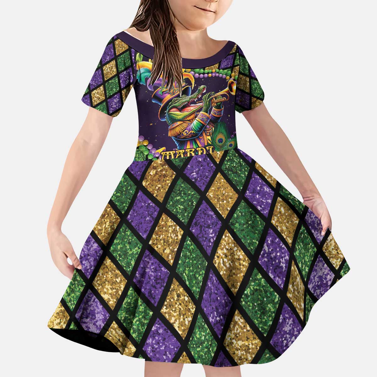 Mardi Gras Alligator Kid Short Sleeve Dress Let the Gator Jazz Roll - Wonder Print Shop