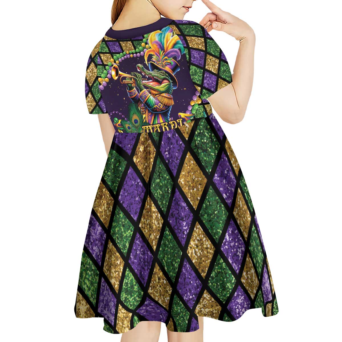 Mardi Gras Alligator Kid Short Sleeve Dress Let the Gator Jazz Roll - Wonder Print Shop
