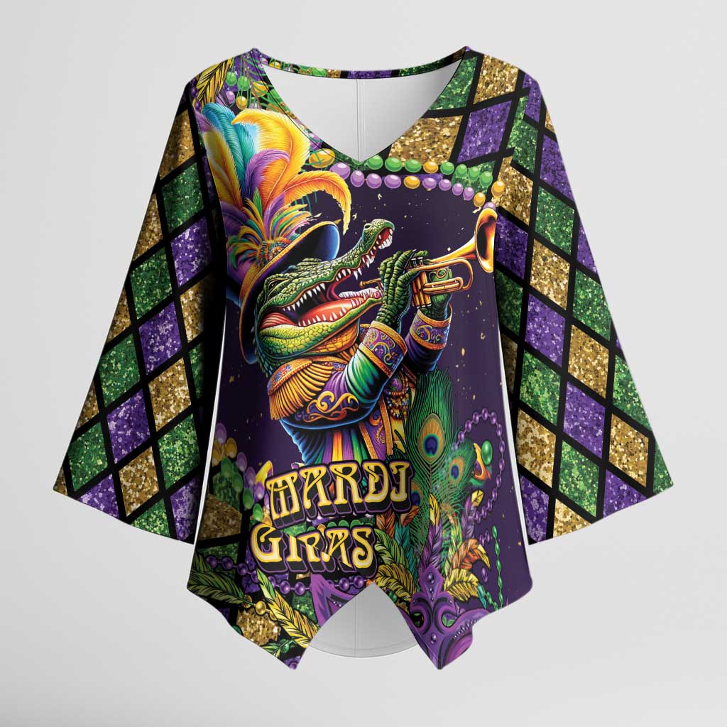 Mardi Gras Alligator Kimono Sleeve Blouse Let the Gator Jazz Roll - Wonder Print Shop