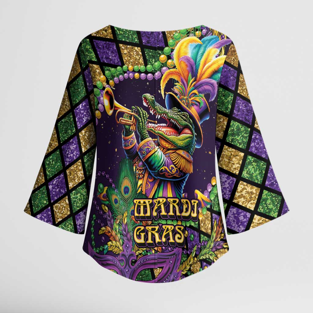 Mardi Gras Alligator Kimono Sleeve Blouse Let the Gator Jazz Roll - Wonder Print Shop