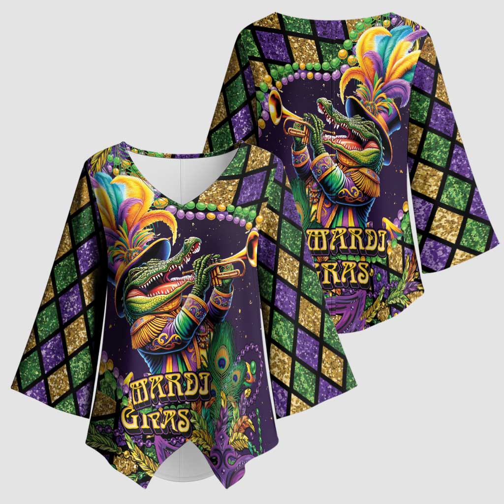 Mardi Gras Alligator Kimono Sleeve Blouse Let the Gator Jazz Roll - Wonder Print Shop