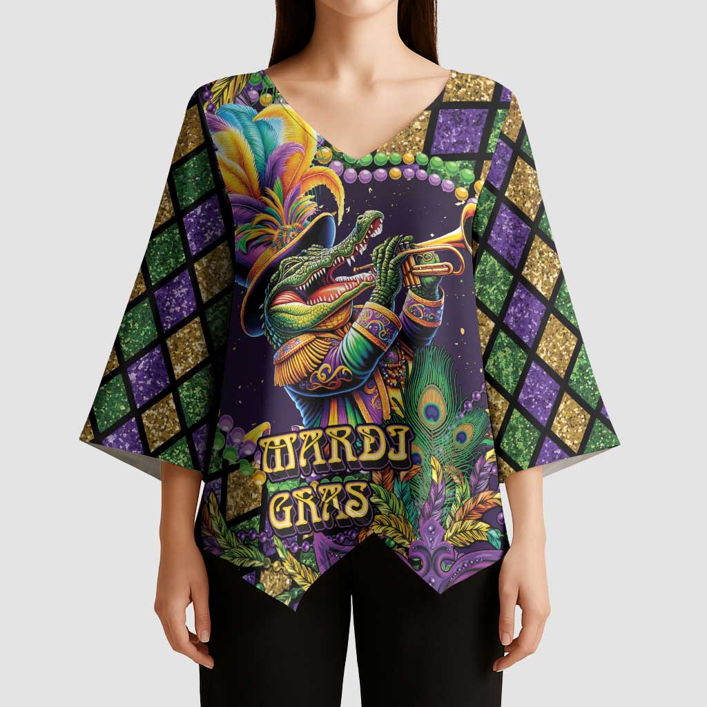 Mardi Gras Alligator Kimono Sleeve Blouse Let the Gator Jazz Roll - Wonder Print Shop