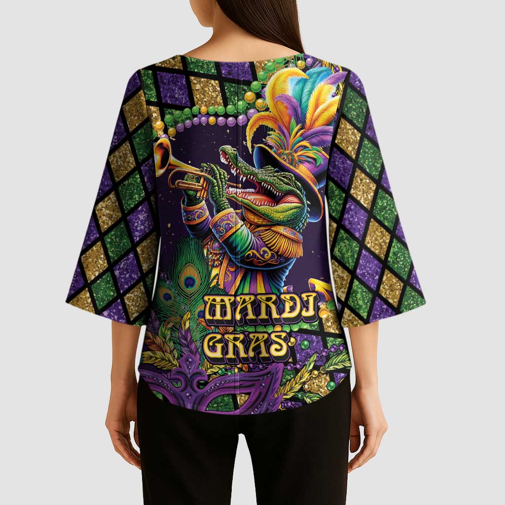 Mardi Gras Alligator Kimono Sleeve Blouse Let the Gator Jazz Roll - Wonder Print Shop