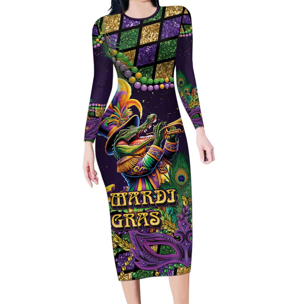 Mardi Gras Alligator Long Sleeve Bodycon Dress Let the Gator Jazz Roll - Wonder Print Shop